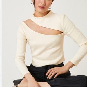 By Anthropologie Women’s Asymmetrical Cutout Ribbed Knit Mockneck Ivory Sweater